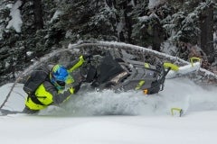 Here, Polaris ambassador and sponsored athlete Dan Adams, of NXT LVL, lays the agile 174 LE under a bent down tree. This is not a bus, Polaris states.